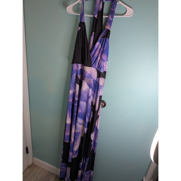 VENUS Dresses & Skirts - Venus Purple Black Abstract Floral Halter Maxi Dress Plus Size 1X Open Back Gown